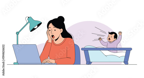 Stressed mother tries to work on her laptop while her infant baby cries loudly in the crib behind her during a busy work day.