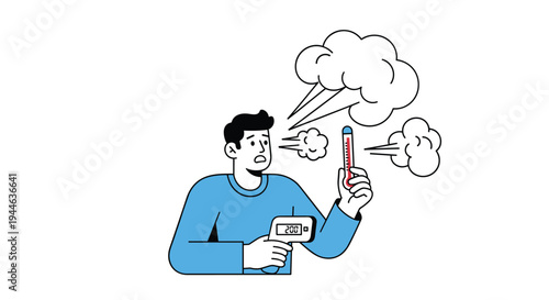 Shocked man looks at a thermometer and a forehead temperature scanner showing high fever results with a worried facial expression.
