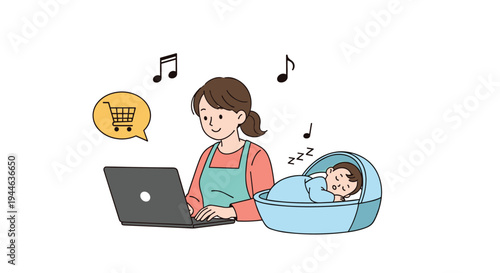 Happy mother works peacefully on her laptop at home while her newborn baby sleeps soundly in a bassinet next to her workspace.