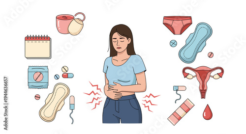Young woman experiences painful menstrual cramps while surrounded by various feminine hygiene products and medical supplies.
