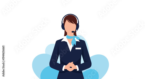 Professional female call center agent wearing a headset stands ready to provide customer support and service with a kind attitude.