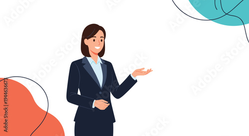 Friendly businesswoman in a professional suit smiles warmly while gesturing to her side to present information or an invitation.