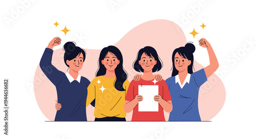 Diverse group of confident women stand together to support empowerment and female rights with one holding a blank sign for a message.