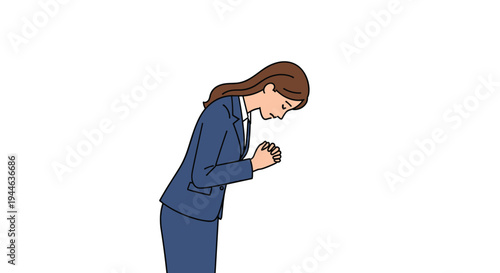 Polite businesswoman in a professional suit bows forward with her hands together to express a sincere apology or deep gratitude.