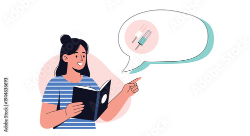 Young woman points towards an illustration of a tampon inside a speech bubble while holding a book to share educational information.