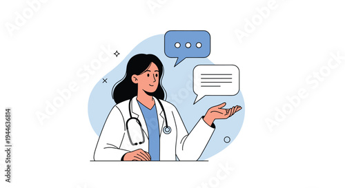 Professional female doctor with a stethoscope gestures and talks to provide medical advice with speech bubbles on a blue background.