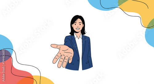Businesswoman in a professional blue suit reaches out her hand for a firm handshake to welcome a new partner or seal a deal.