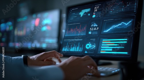 Data analyst working with charts and graphs on computer monitor screen