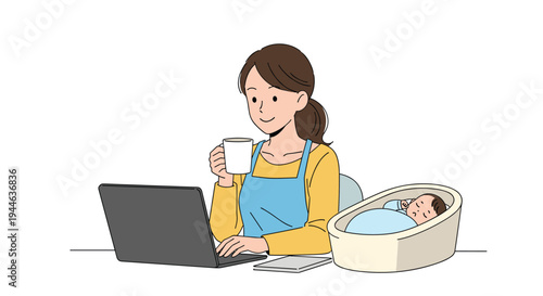 Productive mother works on her laptop at home while enjoying a cup of coffee and watching her baby sleep peacefully in a crib.