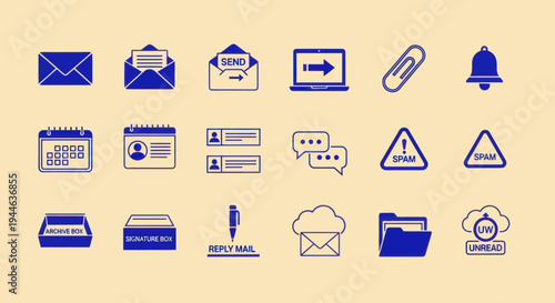 Email and Communication Icons Set: Mail, Calendar, Spam, Notification, Cloud