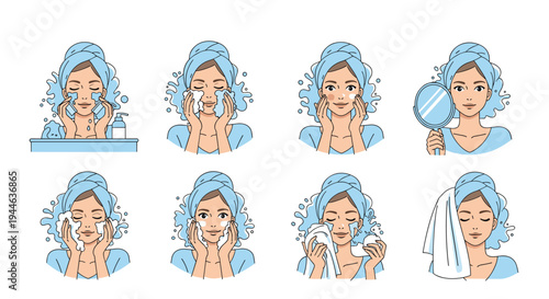 Detailed sequence of facial skincare routine including washing, applying cream, and using a mirror for healthy skin.