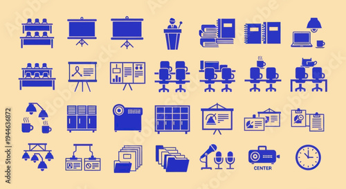 Business Meeting Icons: Presentation, Office, and Conference Room Setup