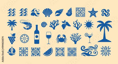 Summer Vacation Icons Set: Beach, Food, and Tropical Elements in Blue