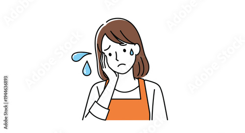 Worried woman wearing an orange apron looks concerned and stressed with sweat drops while facing a difficult task or problem.