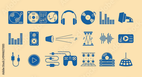 Blue Music and Audio Icons Collection on Beige Background, Vector Set