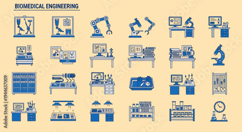 Biomedical Engineering Icons: Lab Equipment, Robotics, DNA, Microscope, Science