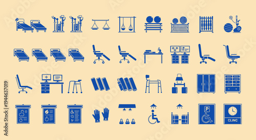 Medical Equipment and Furniture Icons Set: Hospital Beds, Chairs, Cabinets, Walker