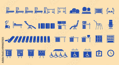 Collection of Blue Icons: Medical, Office, and Fitness Equipment on Beige Background