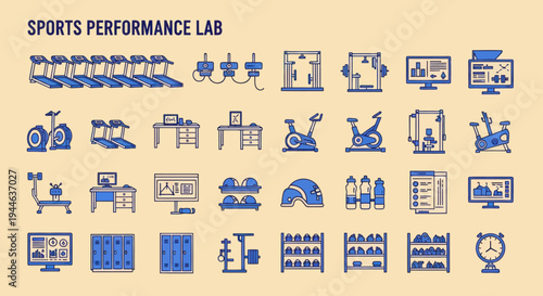Sports Performance Lab Icons: Treadmills, Weights, Gym Equipment, Lockers, and Monitors