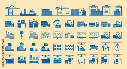 Industrial Logistics and Shipping Icons: Port, Warehouse, Office and Delivery Elements