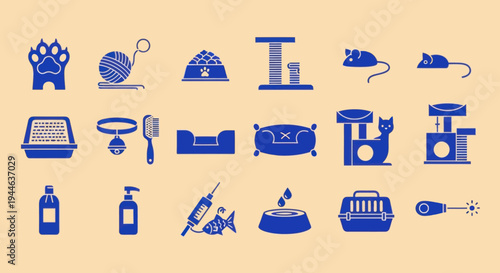 Cat Pet Care Icons Set: Paw Print, Yarn, Food Bowl, Scratcher, Toys, Bed, Carrier
