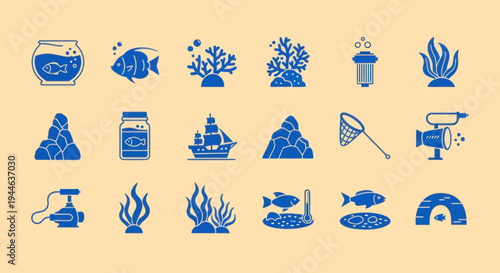 Aquarium Icons: Fish, Coral, Ship, Net, Plants, Filter, Submarine