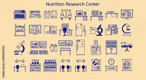 Nutrition Research Center Icons: Science, Lab Equipment, Data Analysis, Healthy Food