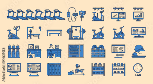Pixel Art Gym Equipment Icons Set - Treadmills, Bikes, Weights, Lockers