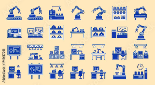 Robotics and Manufacturing Icons: Automation, Industry, Technology, Factory Line