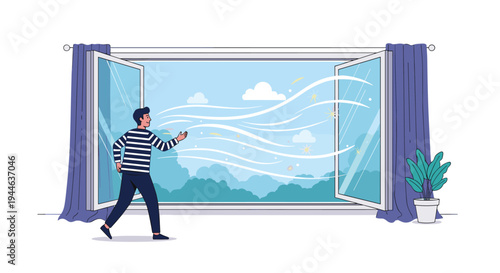 Young man in a striped shirt stands by a wide open window and enjoys the fresh morning breeze blowing through his peaceful home.