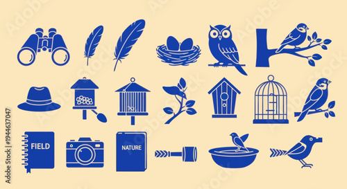 Birdwatching Icons: Binoculars, Feathers, Nests, Birds, and Nature Symbols