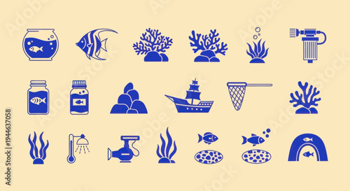 Aquarium Icons Set: Fish, Coral, Plants, Equipment, Ship, Tools