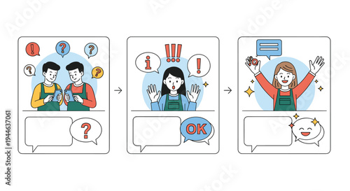 Sequence of illustrations showing a woman using a device, feeling confused by icons, and then successfully achieving an okay result.