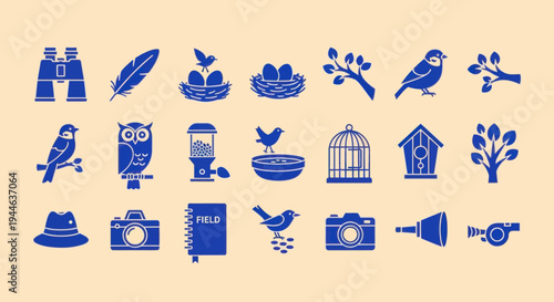 Bird Watching Icons Set: Binoculars, Camera, Birdhouse, Feather, Nest, Owl, Whistle