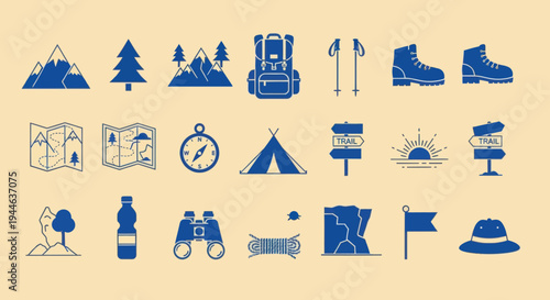Hiking and Camping Icons Set: Mountains, Backpack, Tent, Boots, Map, Compass