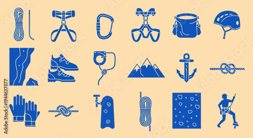 Rock Climbing Gear and Equipment Icons Set - Vector Illustration