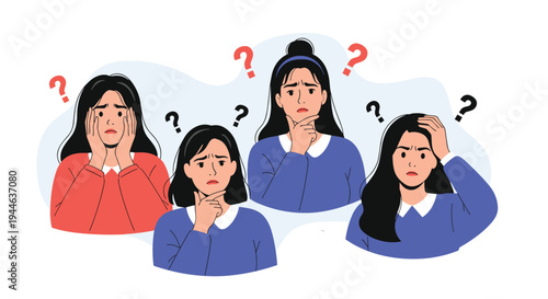 Group of diverse women look confused and worried with several red and black question marks floating above their heads.