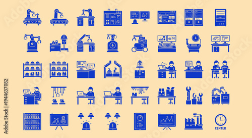 Factory Automation Icons: Robotics, AI, Industry 4.0, Manufacturing, and Technology