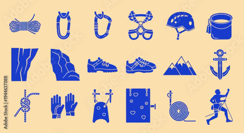 Rock Climbing Gear and Equipment Icons - Vector Set