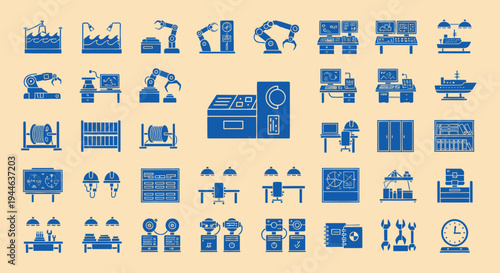 Industrial Automation Icons: Robotics, Control Panels, Manufacturing & Engineering