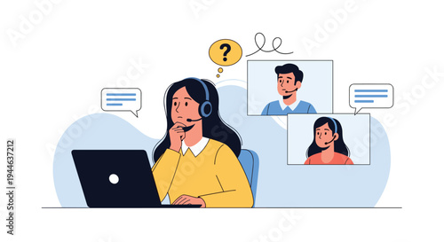Customer service representative wearing headset looks thoughtful and concentrated while communicating with colleagues via video call.