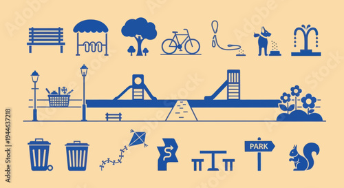 Park Icons: Playground, Bench, Bike, Fountain, Trash Cans, Kite, Squirrel