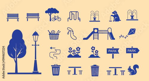 Park Icons Set: Playground, Bench, Tree, Lamp Post, Fountain, Kite, Squirrel
