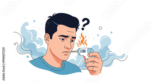 Concerned young man checking his body temperature with digital non-contact thermometer while feeling fever symptoms.