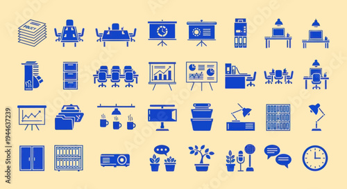 Office Equipment and Supplies Icons Set - Business and Workspace Concept