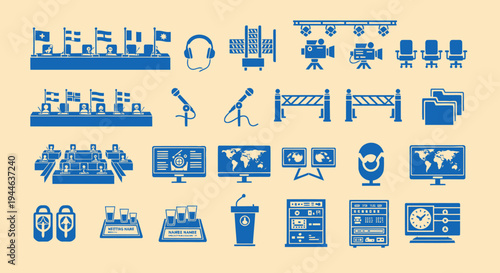 Conference Room Icons: Flags, Microphones, Screens, Seating, Technology