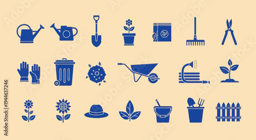 Gardening Tools and Icons Set: Watering Can, Shovel, Plants, Wheelbarrow, Gloves, Fence