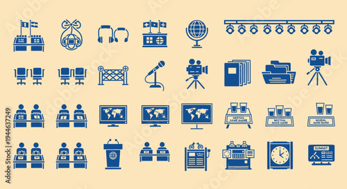 Conference, meeting, and presentation icons set, vector illustration