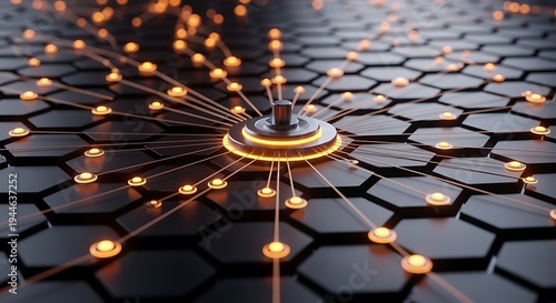 Glowing orange connections radiate from central hub on hexagonal grid network technology concept  futuristic data visualization