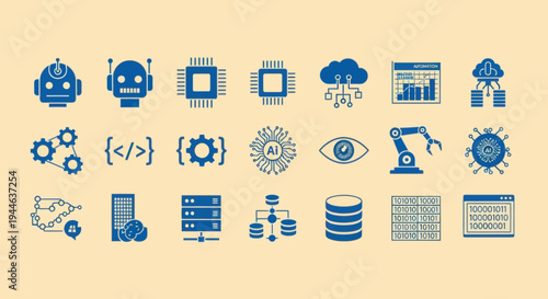 AI and Technology Icons: Robotics, Cloud Computing, Data Processing, AI Brain